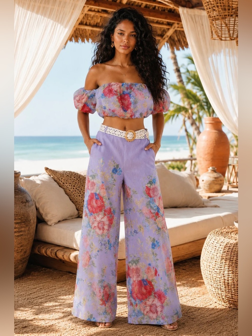 Lavender Floral Wide-Leg Pants Set - Women's Beach pant set Bottoms - Picture 5 of 7